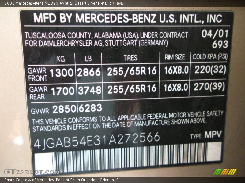 Desert Silver Metallic / Java 2001 Mercedes-Benz ML 320 4Matic
