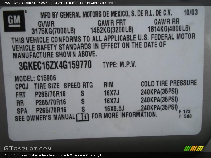 Info Tag of 2004 Yukon XL 1500 SLT