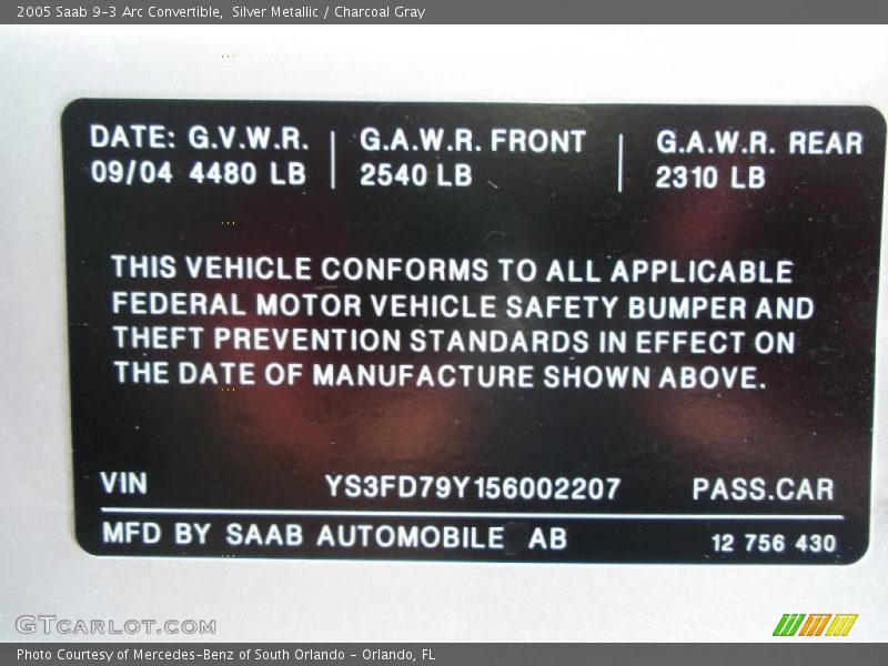 Info Tag of 2005 9-3 Arc Convertible