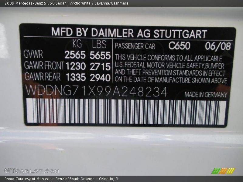 2009 S 550 Sedan Arctic White Color Code 650