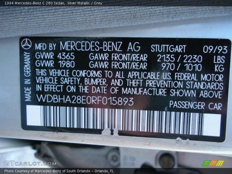 Silver Metallic / Grey 1994 Mercedes-Benz C 280 Sedan