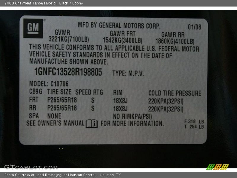 Info Tag of 2008 Tahoe Hybrid