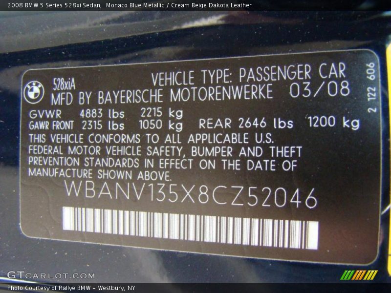 Info Tag of 2008 5 Series 528xi Sedan