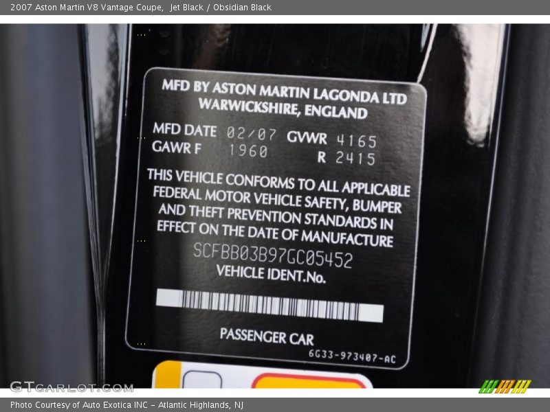 Info Tag of 2007 V8 Vantage Coupe