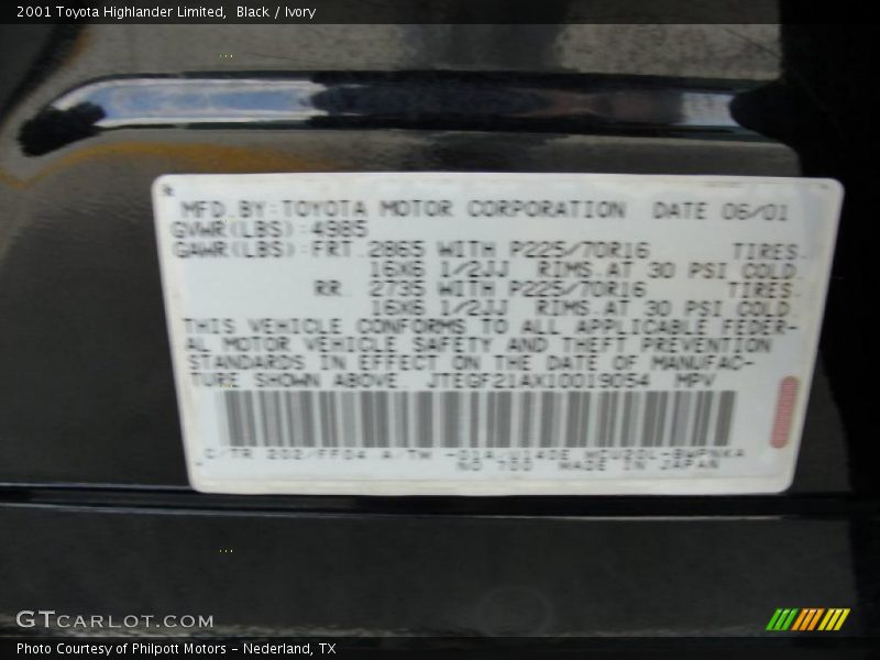 Black / Ivory 2001 Toyota Highlander Limited