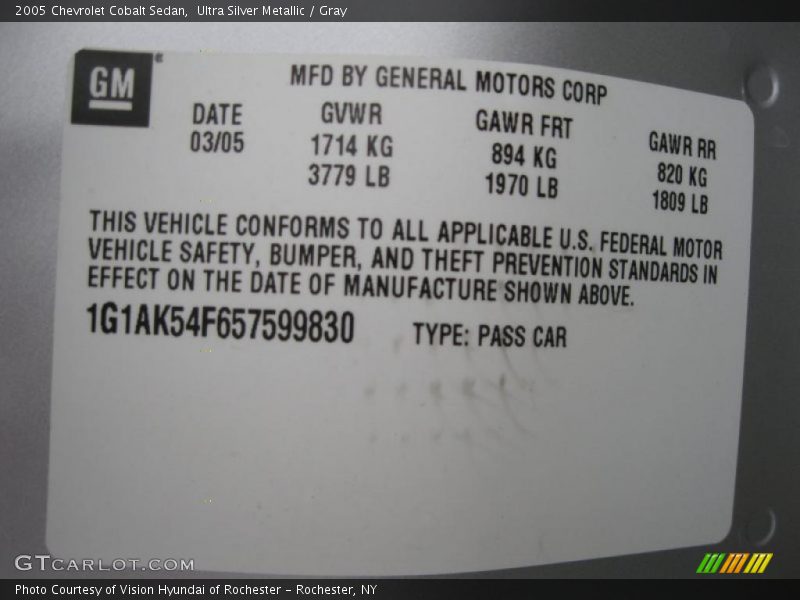 Info Tag of 2005 Cobalt Sedan