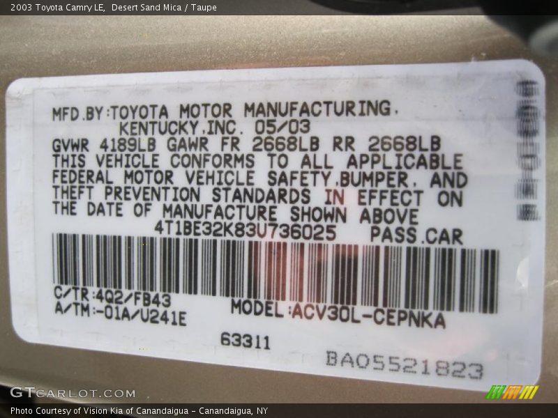 2003 Camry LE Desert Sand Mica Color Code 4Q2