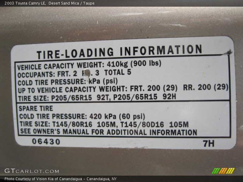Info Tag of 2003 Camry LE