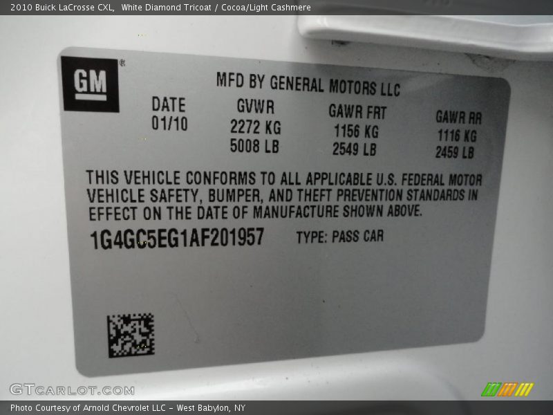 White Diamond Tricoat / Cocoa/Light Cashmere 2010 Buick LaCrosse CXL