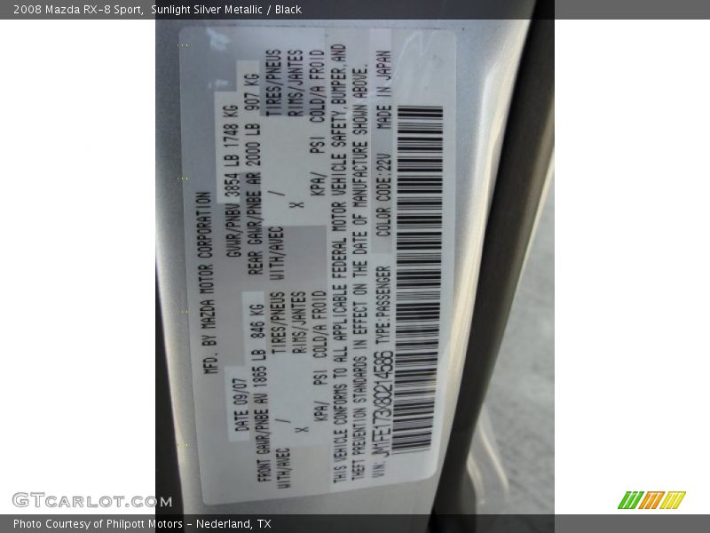 2008 RX-8 Sport Sunlight Silver Metallic Color Code 22V