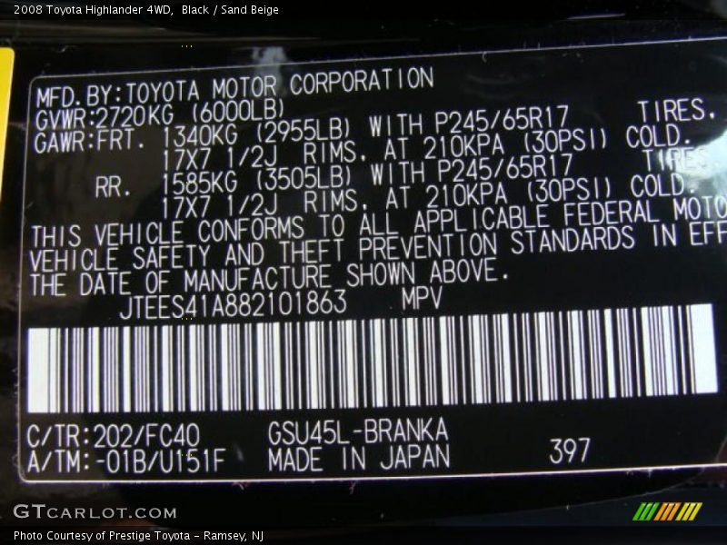 Black / Sand Beige 2008 Toyota Highlander 4WD