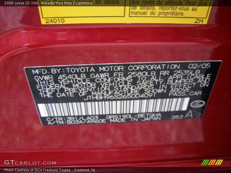 2006 GS 300 Matador Red Mica Color Code 3R1
