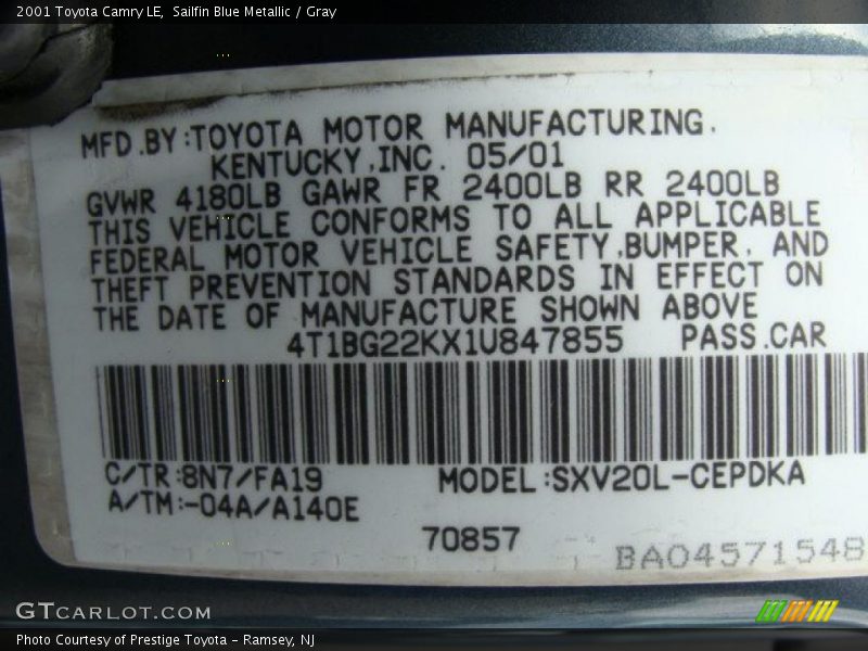 Sailfin Blue Metallic / Gray 2001 Toyota Camry LE