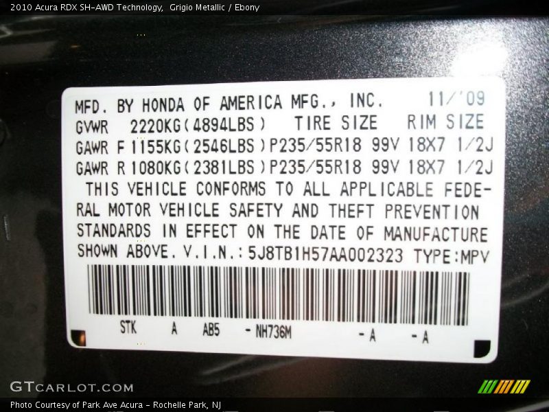 2010 RDX SH-AWD Technology Grigio Metallic Color Code NH736M