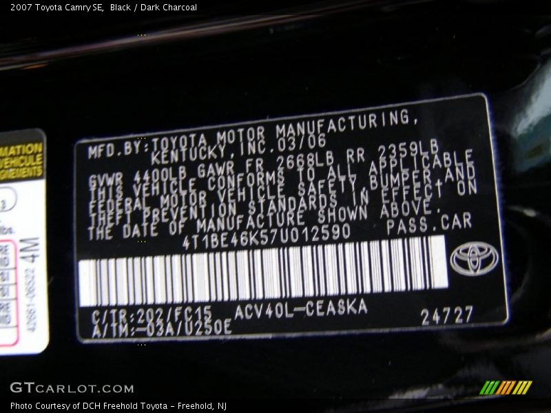 Black / Dark Charcoal 2007 Toyota Camry SE