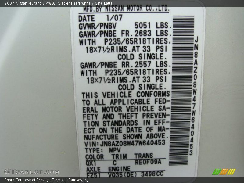 Glacier Pearl White / Cafe Latte 2007 Nissan Murano S AWD