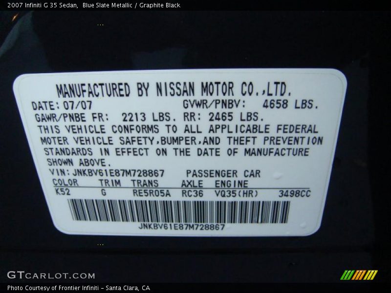 Blue Slate Metallic / Graphite Black 2007 Infiniti G 35 Sedan