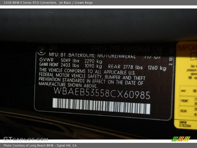 Jet Black / Cream Beige 2008 BMW 6 Series 650i Convertible