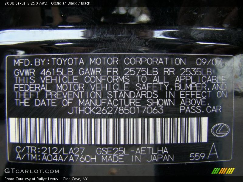 2008 IS 250 AWD Obsidian Black Color Code 212