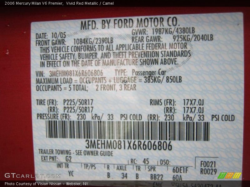 Vivid Red Metallic / Camel 2006 Mercury Milan V6 Premier