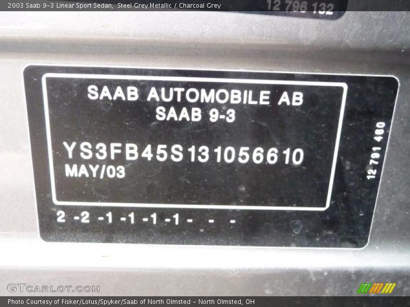 Steel Grey Metallic / Charcoal Grey 2003 Saab 9-3 Linear Sport Sedan