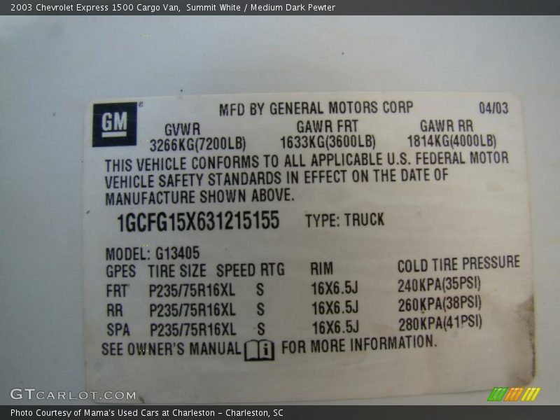 Summit White / Medium Dark Pewter 2003 Chevrolet Express 1500 Cargo Van