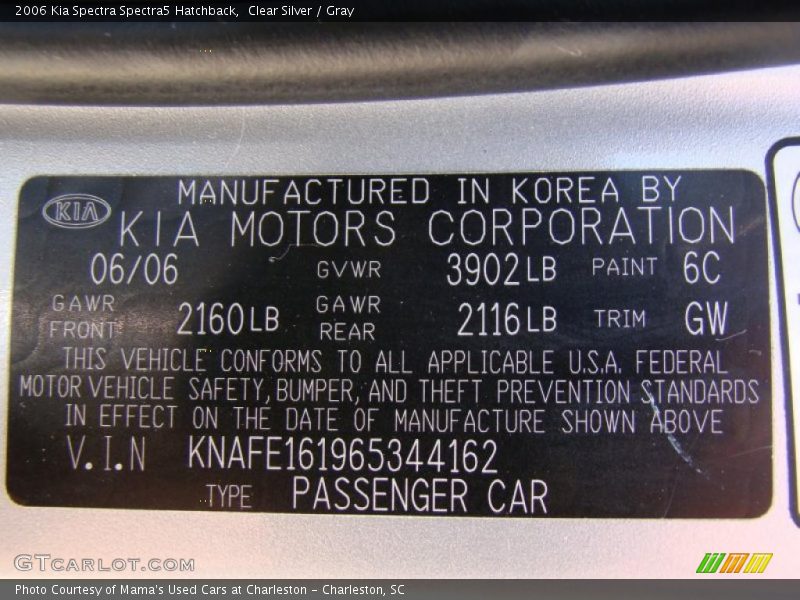 Clear Silver / Gray 2006 Kia Spectra Spectra5 Hatchback