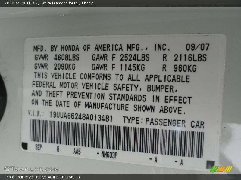 White Diamond Pearl / Ebony 2008 Acura TL 3.2