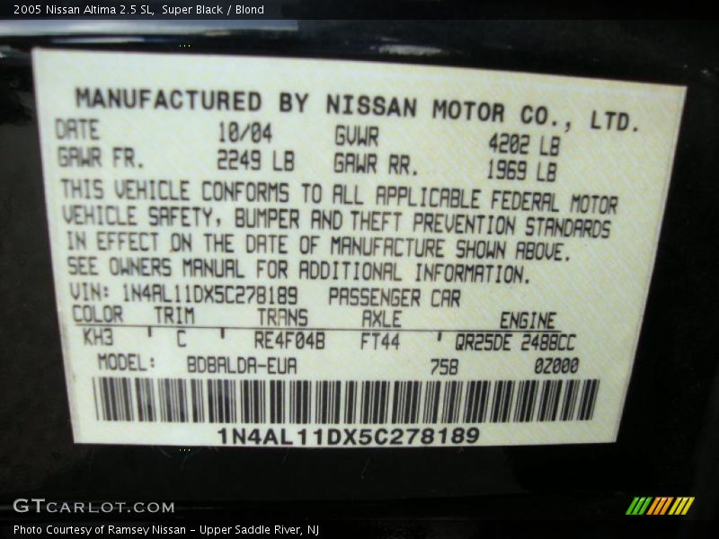 Super Black / Blond 2005 Nissan Altima 2.5 SL