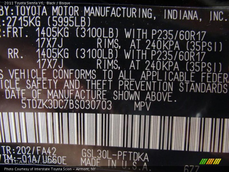 Black / Bisque 2011 Toyota Sienna V6