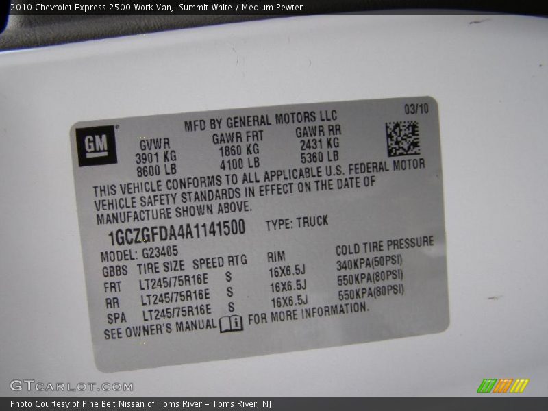 Info Tag of 2010 Express 2500 Work Van