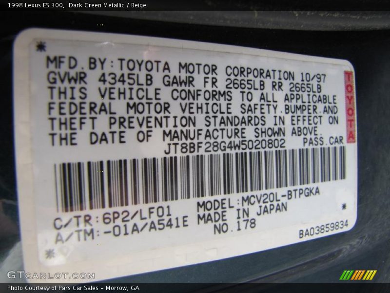 Dark Green Metallic / Beige 1998 Lexus ES 300