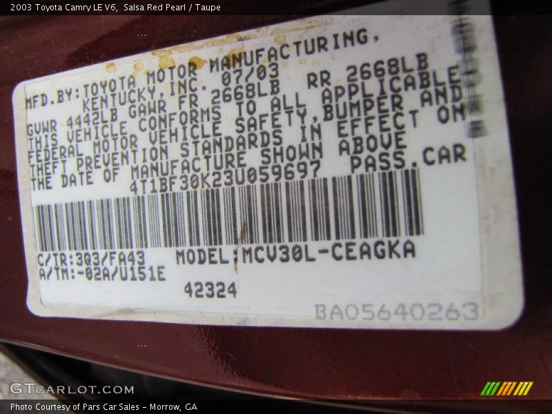 2003 Camry LE V6 Salsa Red Pearl Color Code 3Q3