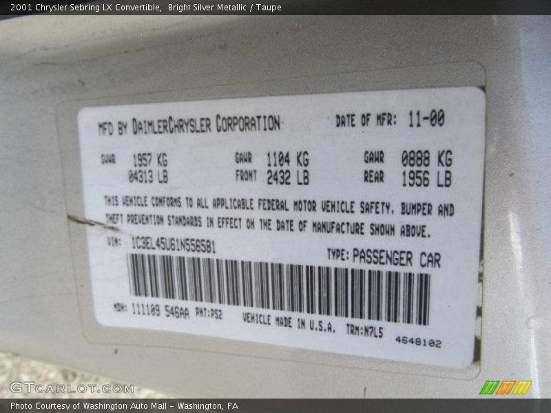 2001 Sebring LX Convertible Bright Silver Metallic Color Code PS2