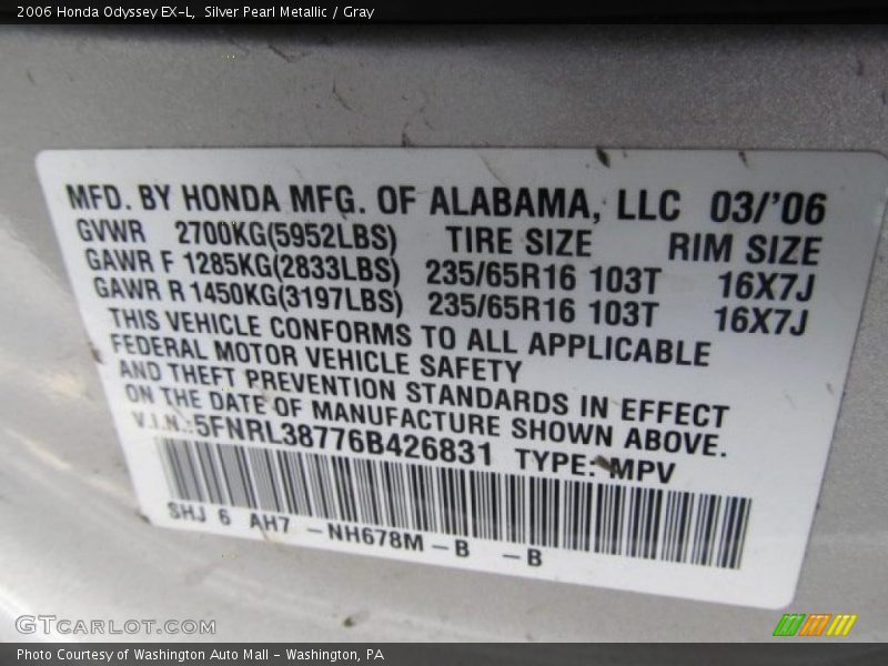 Silver Pearl Metallic / Gray 2006 Honda Odyssey EX-L