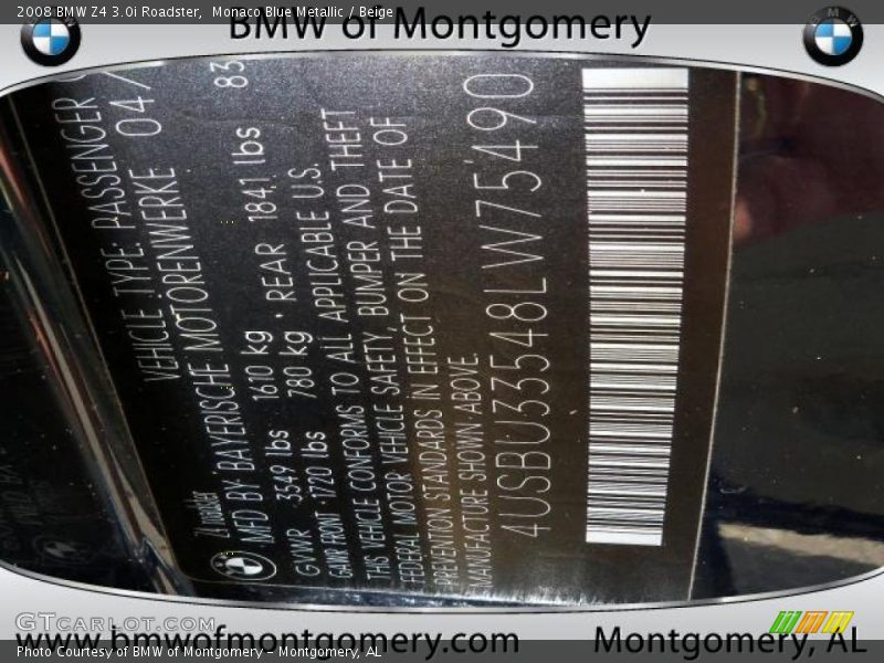 Monaco Blue Metallic / Beige 2008 BMW Z4 3.0i Roadster