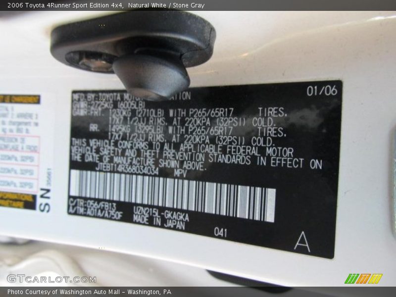 Info Tag of 2006 4Runner Sport Edition 4x4