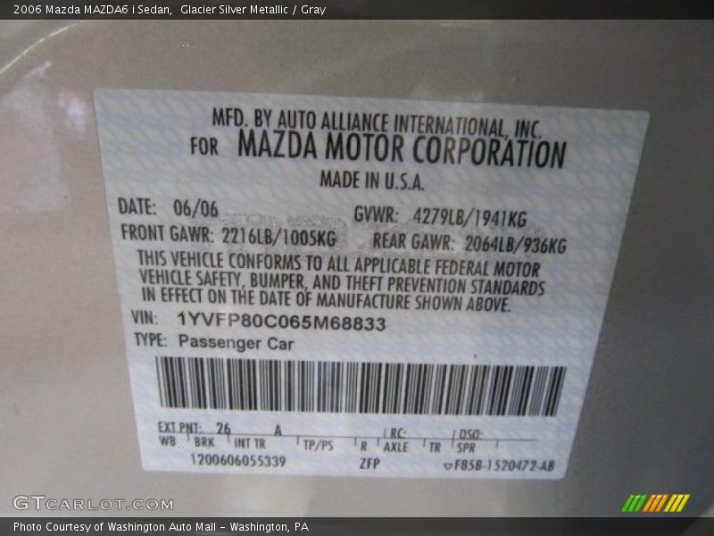 2006 MAZDA6 i Sedan Glacier Silver Metallic Color Code 26A