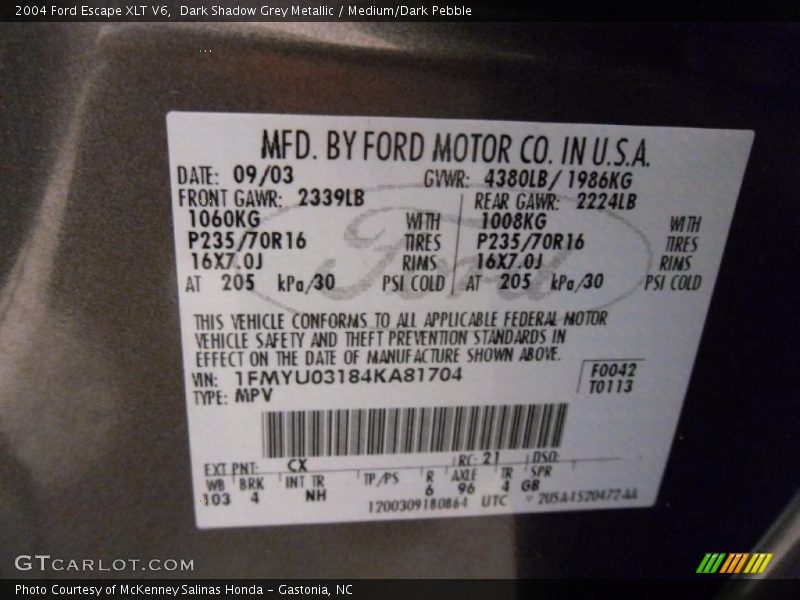 2004 Escape XLT V6 Dark Shadow Grey Metallic Color Code CX