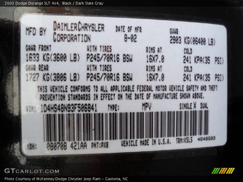 2003 Durango SLT 4x4 Black Color Code PX8