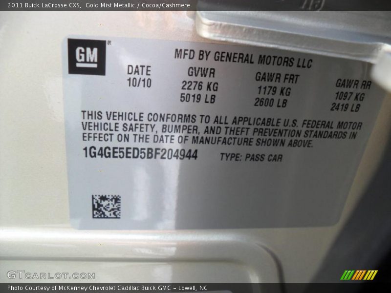 Gold Mist Metallic / Cocoa/Cashmere 2011 Buick LaCrosse CXS