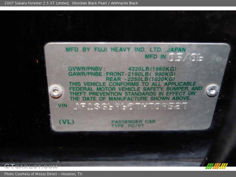 Obsidian Black Pearl / Anthracite Black 2007 Subaru Forester 2.5 XT Limited