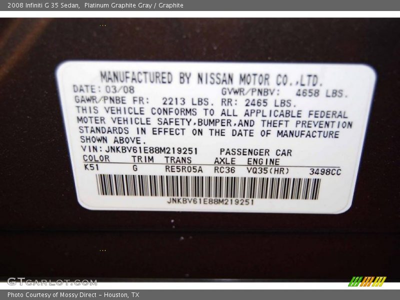 Info Tag of 2008 G 35 Sedan