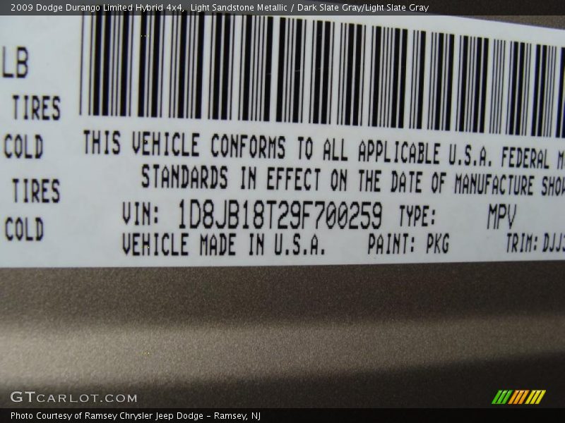 2009 Durango Limited Hybrid 4x4 Light Sandstone Metallic Color Code PKG