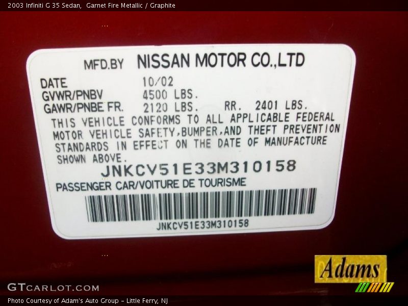 Garnet Fire Metallic / Graphite 2003 Infiniti G 35 Sedan