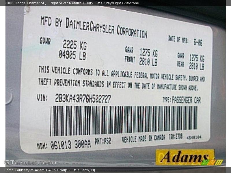 Bright Silver Metallic / Dark Slate Gray/Light Graystone 2006 Dodge Charger SE