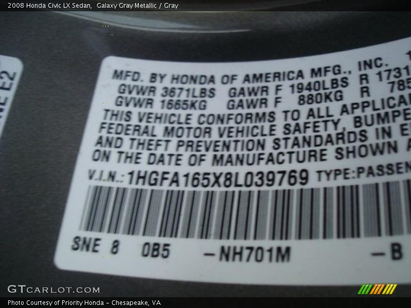Galaxy Gray Metallic / Gray 2008 Honda Civic LX Sedan