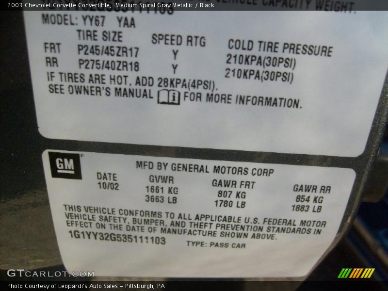 Medium Spiral Gray Metallic / Black 2003 Chevrolet Corvette Convertible