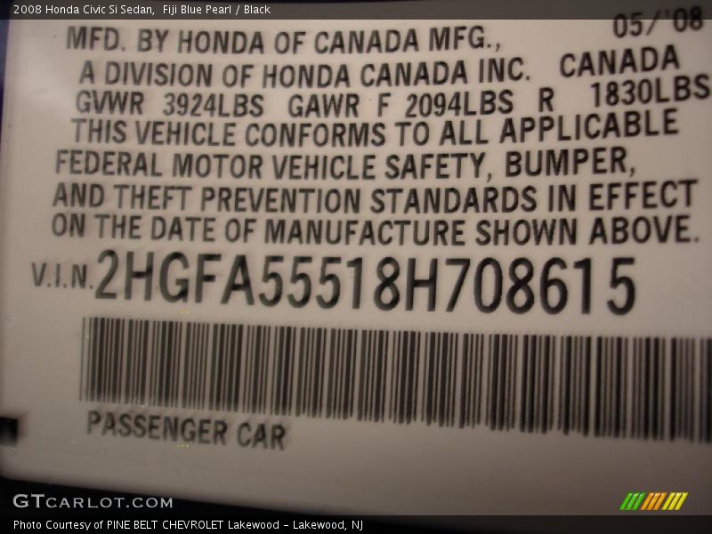 Fiji Blue Pearl / Black 2008 Honda Civic Si Sedan