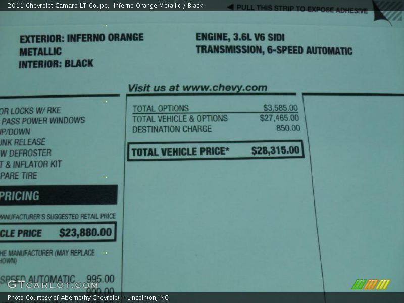 2011 Camaro LT Coupe Window Sticker